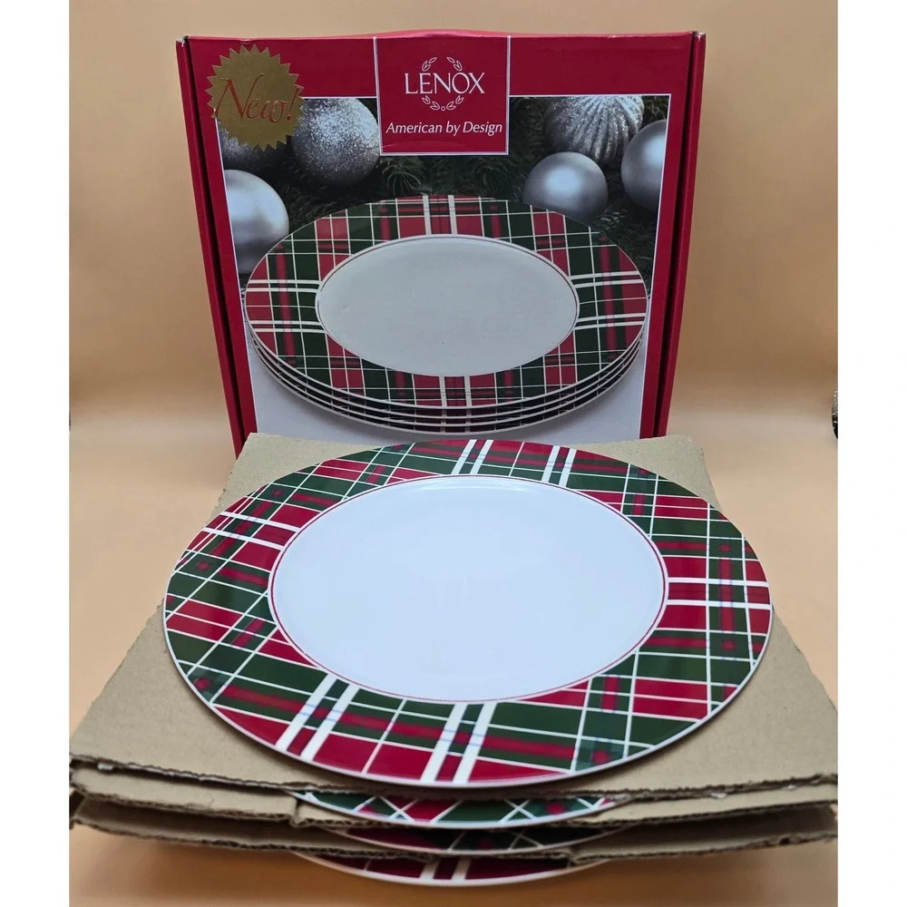 Lenox Vintage Plaid Dinner Plates Set of 4 Red Green‎ Winter Holiday 870676